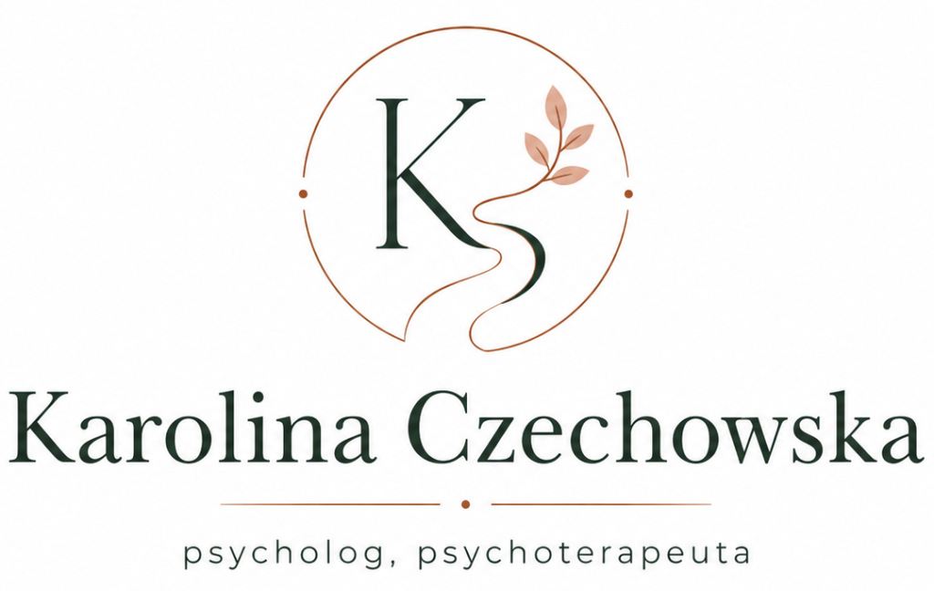 Logo z monogramem „KS” w okręgu, gałązką liści oraz napisem „Karolina Czechowska, psycholog, psychotherapeuta”