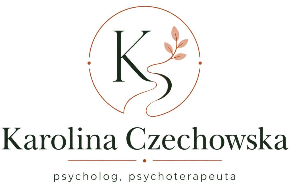 Logo z monogramem „KS” w okręgu z gałązką liści oraz napisem „Karolina Czechowska, psycholog, psychoterapeuta”.